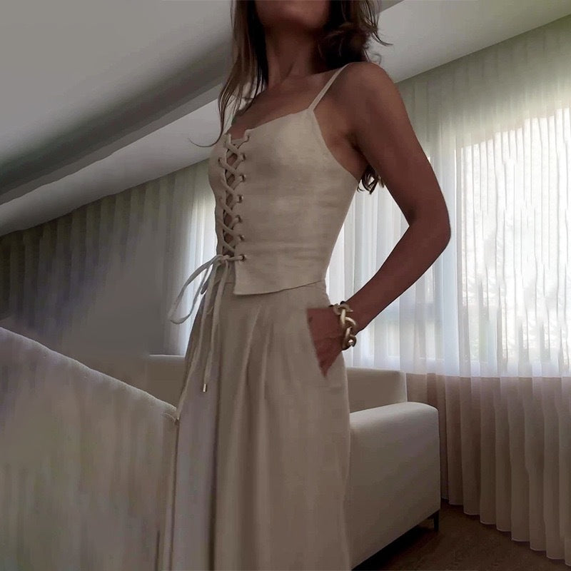 Damen Eleganter Jumpsuit mit Schnürung und weitem Bein Stalluxe