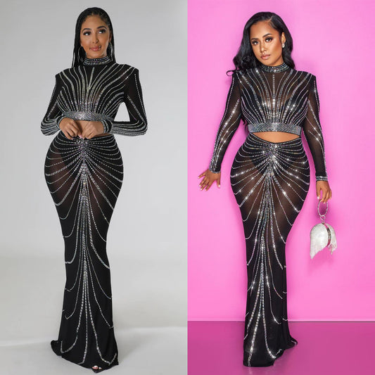 Damen Glamouröses Abendkleid mit funkelnden Strassdetails und transparenter Einsätzen Stalluxe