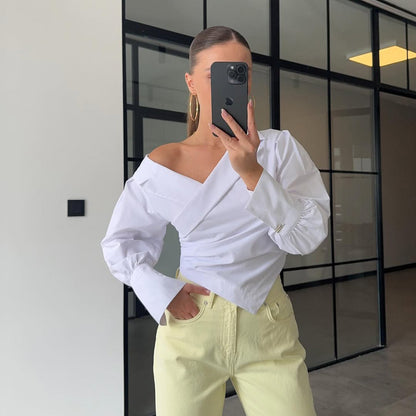Damen Elegante Wickelbluse mit asymmetrischem Schnitt und Puffärmeln Stalluxe