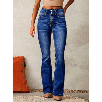 Damen Bootcut Jeans mit hohem Bund und modischen Knöpfen Stalluxe