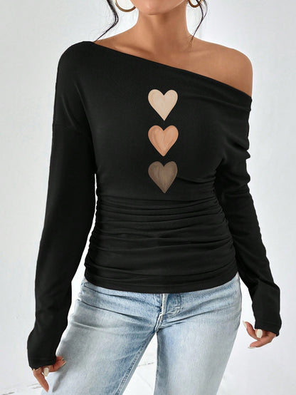 Damen figurbetontes Langarmtop mit asymmetrischem Ausschnitt und Raffungen Stalluxe