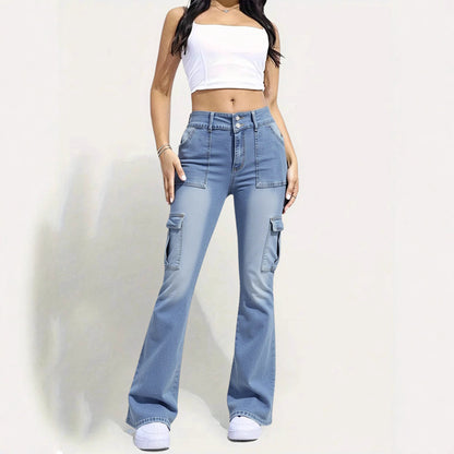 Damen Cargo-Jeans im Flared-Style mit hohen Taschen und doppeltem Knopfverschluss Stalluxe