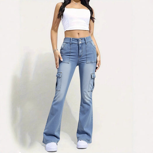 Damen Cargo-Jeans im Flared-Style mit hohen Taschen und doppeltem Knopfverschluss Stalluxe