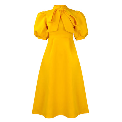 Damen Midi-Kleid mit eleganter Schleifenansatz und Puffärmel Stalluxe