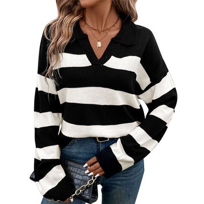 Damen Strickpullover mit V-Ausschnitt und Streifenmuster Stalluxe