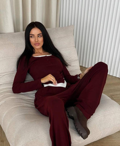 Damen gemütlicher Lounge-Anzug mit elegantem Kragen und weitem Bein Stalluxe