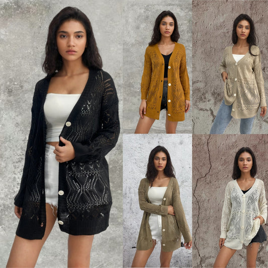 Damen Luftige Strickjacke mit filigranem Häkelmuster und Knopfdetails Stalluxe