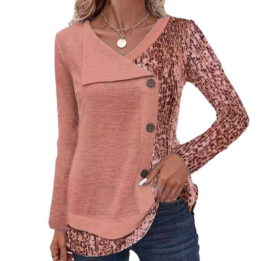 Damen Modisches Langarmshirt mit asymmetrischem Kragen und dekorativen Knopfdetails Stalluxe