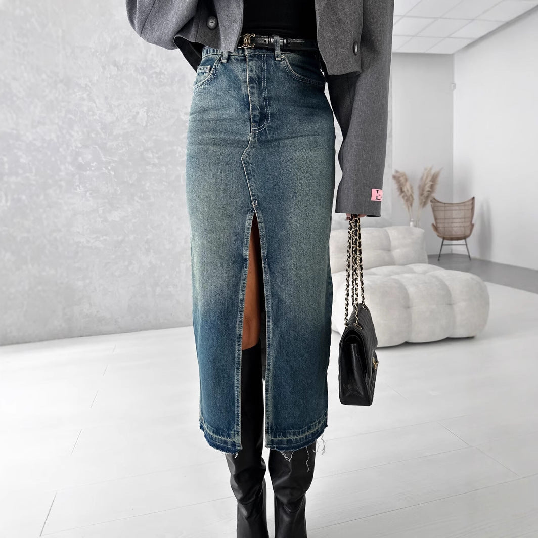 Damen Jeansrock mit hohem Schlitz im modernen Used-Look Stalluxe