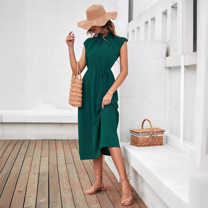 Damen Elegantes Midikleid mit Bindegürtel und klassischem Kragen Stalluxe