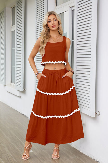 Damen Zweiteiliges Set mit Crop Top und Maxirock im Rüschenstil Stalluxe
