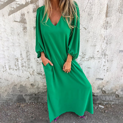 Damen Elegantes Maxikleid mit V-Ausschnitt und Taschen Stalluxe