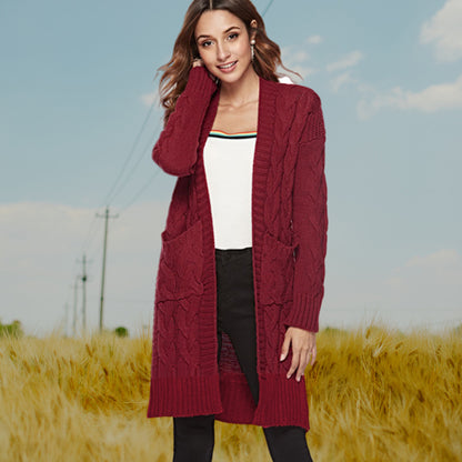 Damen Strickmantel mit großen Taschen und eleganten Zopfmustern Stalluxe