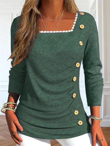 Damen Langarmshirt mit quadratischem Ausschnitt und dekorativen Knopfdetails Stalluxe