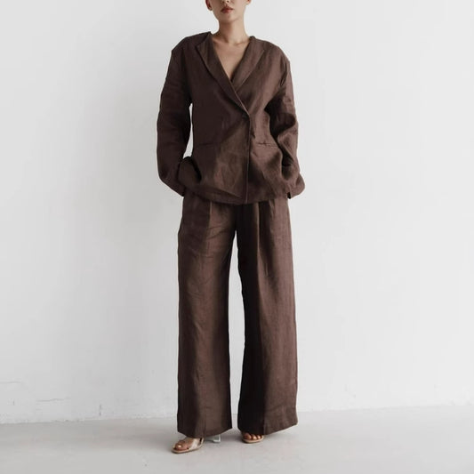 Damen elegantes Leinenanzug-Set mit langärmliger Jacke und weitem Schnitt Stalluxe