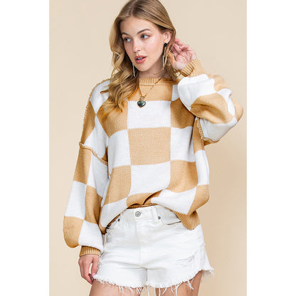 Damen Oversized Pullover mit Karomuster und voluminösen Ärmeln Stalluxe
