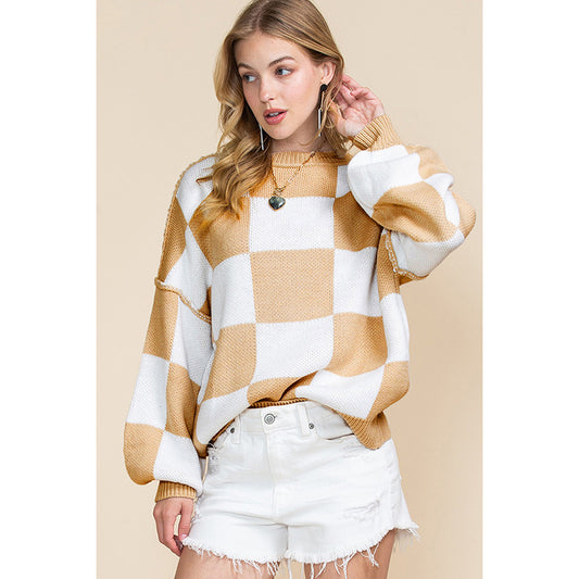 Damen Oversized Pullover mit Karomuster und voluminösen Ärmeln Stalluxe