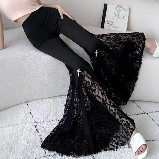 Damen Elegante Schlaghose mit Spitzenapplikationen Stalluxe
