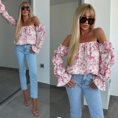 Damen Bluse mit schulterfreiem Schnitt und Volantärmeln Stalluxe