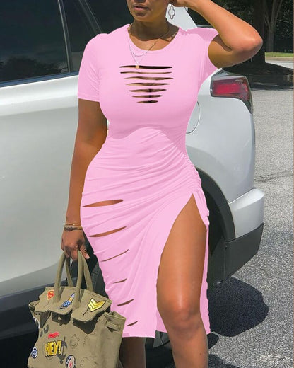Damen figurbetontes Schlitzkleid mit Cut-Out-Details und Raffungen Stalluxe