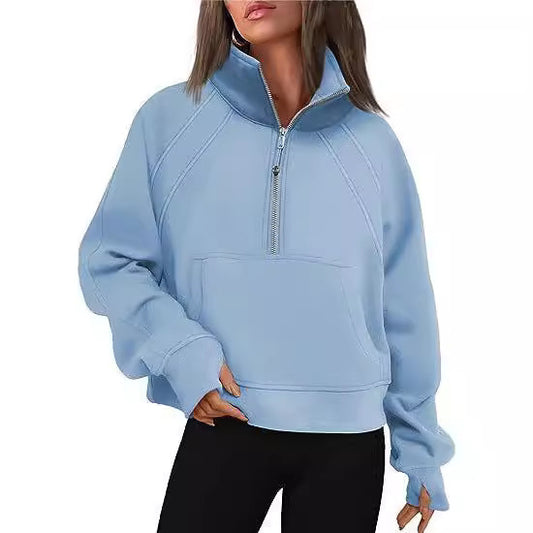 Damen sportlicher Pullover mit halbem Reißverschluss und Kängurutasche Stalluxe