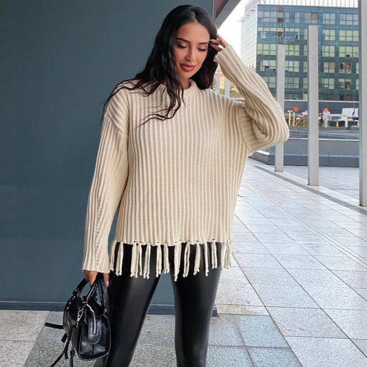 Damen lässiger Strickpullover mit Fransen Stalluxe