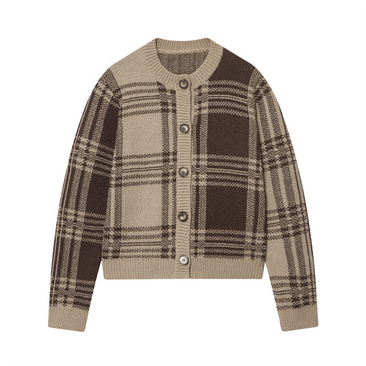 Damen modischer Karoknit-Pullover mit Knopfleiste und Rundhalsausschnitt Stalluxe