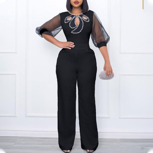 Damen eleganter Jumpsuit mit transparenten Ärmeln und Perlenverzierung Stalluxe