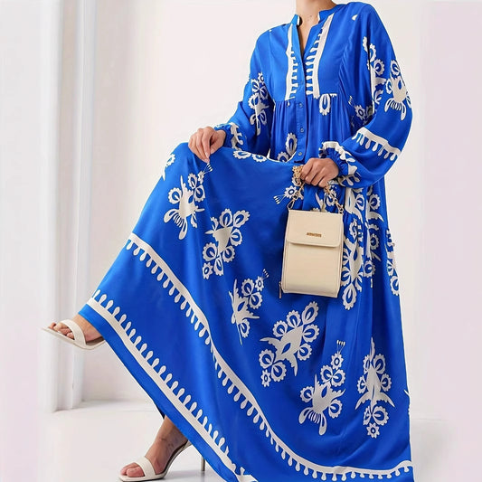 Damen langes Kaftankleid mit floralen Akzenten und Knopfleiste Stalluxe