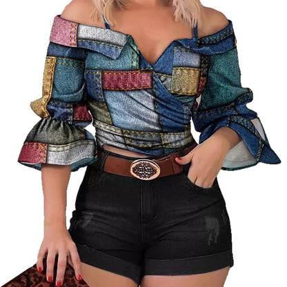 Damen Off-Shoulder Bluse mit buntem Streifenmuster und weiten Ärmeln Stalluxe