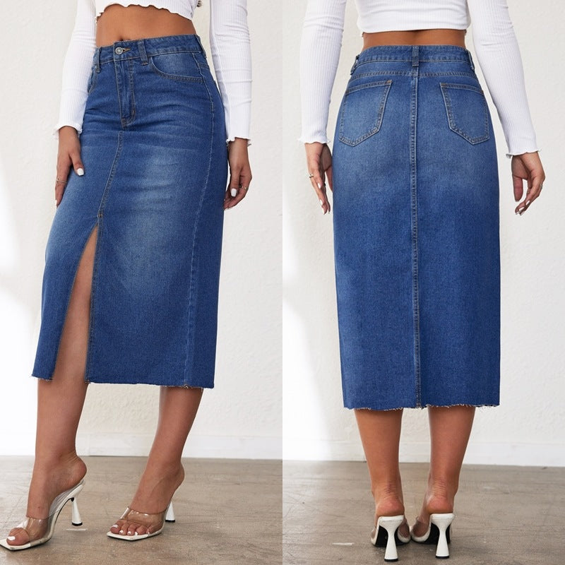 Damen Jeansrock mit hoher Taille und seitlichem Schlitz Stalluxe