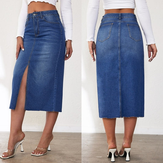Damen Jeansrock mit hoher Taille und seitlichem Schlitz Stalluxe