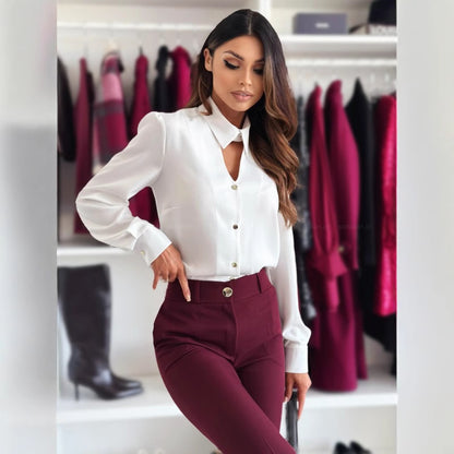 Damen elegante Chiffonbluse mit dekorativen Knöpfen und Stehkragen Stalluxe