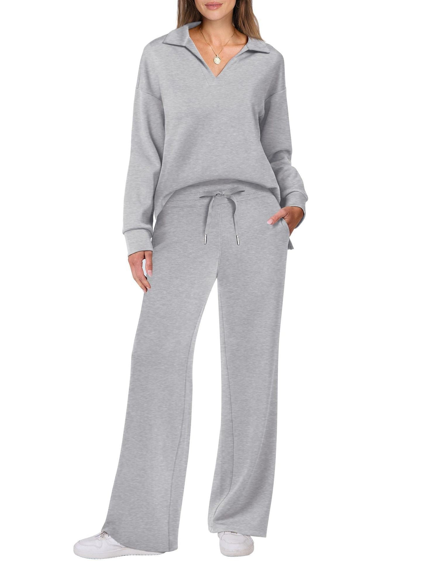 Damen Bequemer Freizeitanzug mit elegantem V-Ausschnitt und lockerem Schnitt Stalluxe