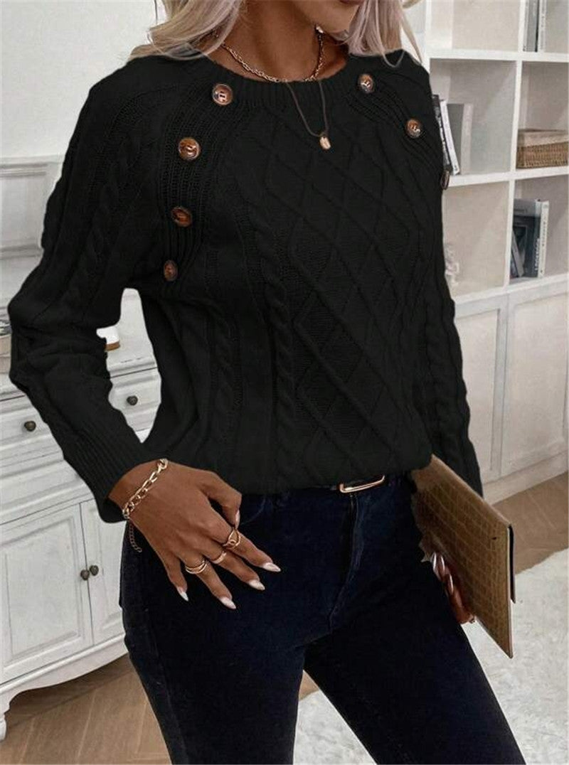 Damen Strickpullover mit strukturiertem Rautenmuster und dekorativen Knöpfen Stalluxe