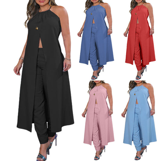 Damen elegantes Maxikleid im Layering-Stil mit tiefem Schlitz und hochgeschlossenem Hals Stalluxe