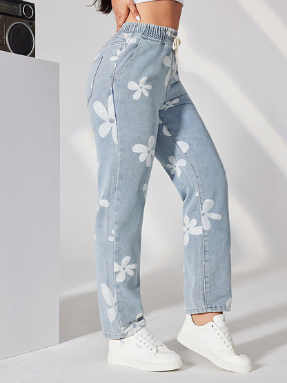 Damen lässige Denim-Hose mit floralem Muster und gemütlichem Bund Stalluxe