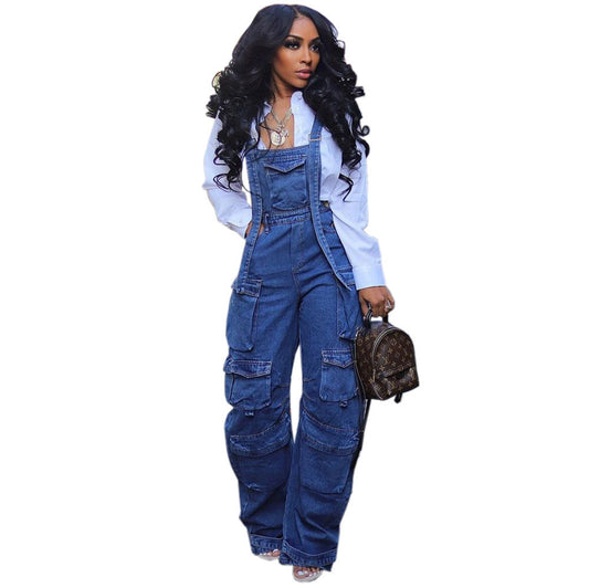 Damen modischer Jeans-Overall mit praktischen Taschen und verstellbaren Trägern Stalluxe