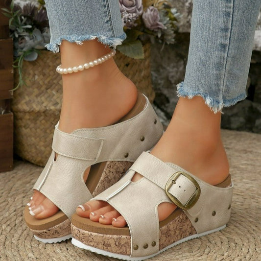 Damen Komfortable Keil-Sandalen mit verstellbarem Riemen und Korksohle Stalluxe
