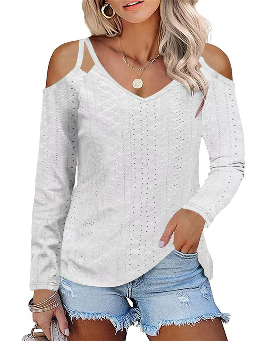 Damen Boho V-Ausschnitt Oberteil mit Off-Shoulder-Ärmeln und feinem Strukturdesign Stalluxe