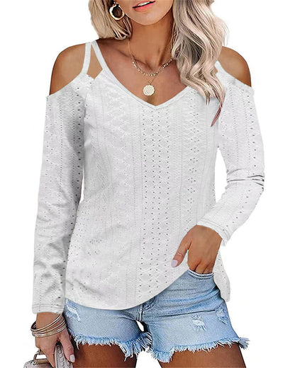 Damen Boho V-Ausschnitt Oberteil mit Off-Shoulder-Ärmeln und feinem Strukturdesign Stalluxe