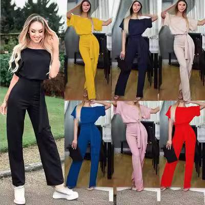 Damen Eleganter Jumpsuit mit breiten Beinen und Taillengürtel Stalluxe
