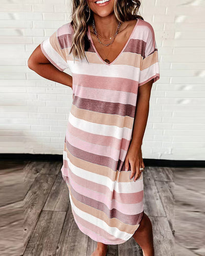 Damen lässiges Viskosekleid im gestreiften Design mit tiefem V-Ausschnitt Stalluxe
