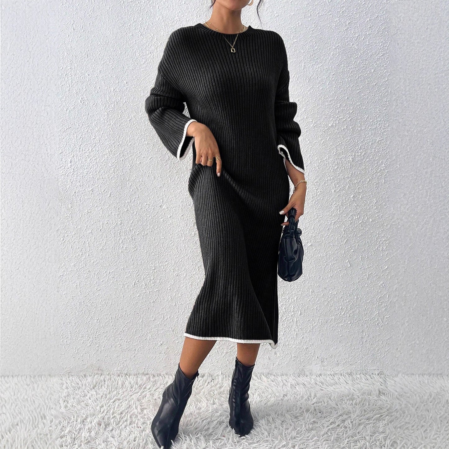 Damen lässiges Strickkleid mit Ribstruktur und weitem Schnitt Stalluxe