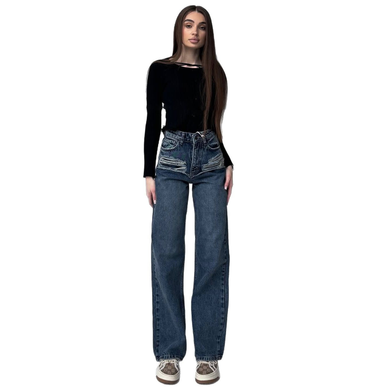 Damen Hohe Taillenjeans mit weitem Bein und Bindegürtel Stalluxe