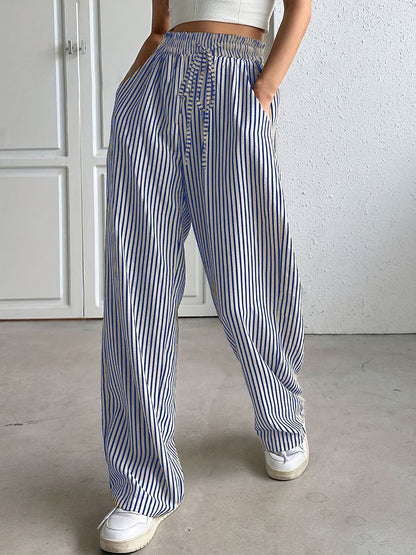 Damen weit geschnittene gestreifte Hose mit elastischem Bund und praktischen Taschen Stalluxe