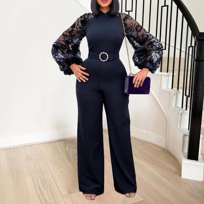 Damen Eleganter Jumpsuit mit transparenter Spitze und Gürtel Stalluxe