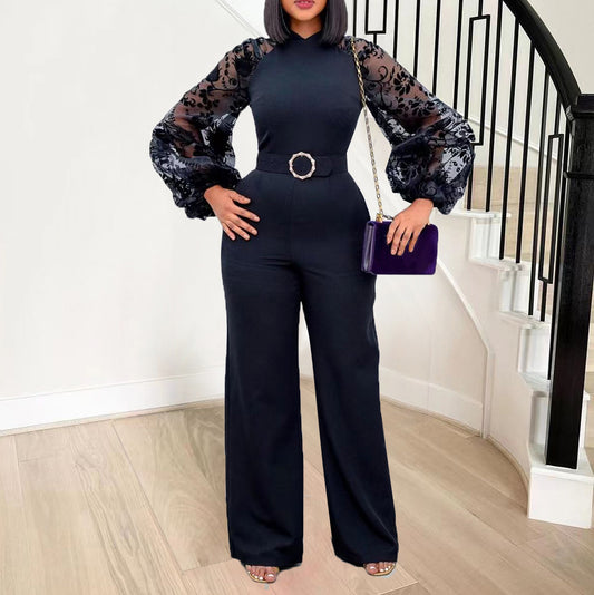 Damen Eleganter Jumpsuit mit transparenter Spitze und Gürtel Stalluxe