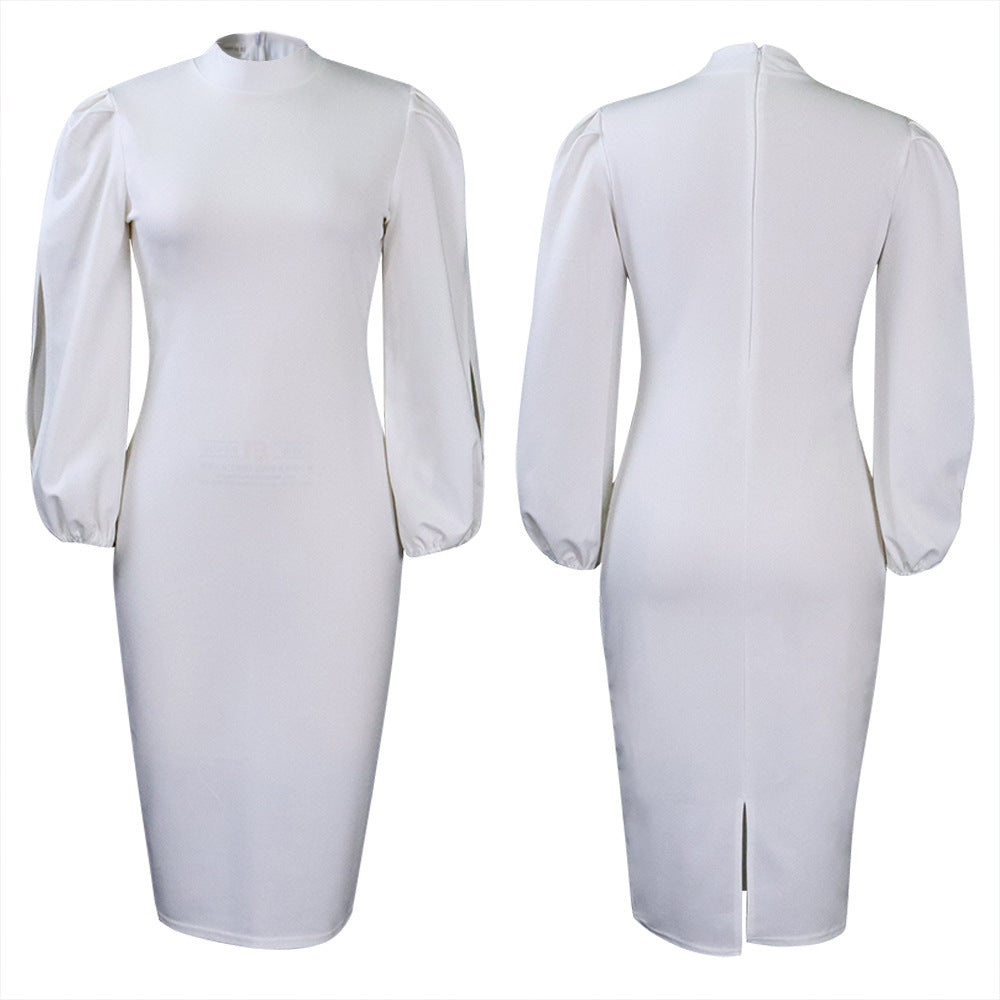 Damen Elegantes Bodycon-Kleid mit Puffärmeln und hohem Kragen Stalluxe Weiß