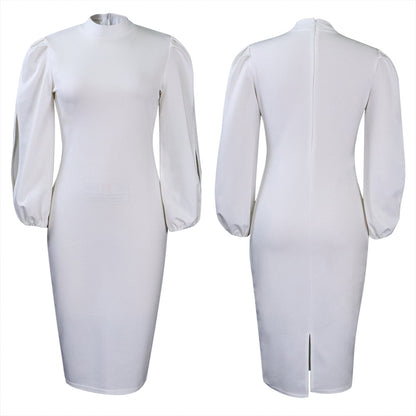 Damen Elegantes Bodycon-Kleid mit Puffärmeln und hohem Kragen Stalluxe Weiß